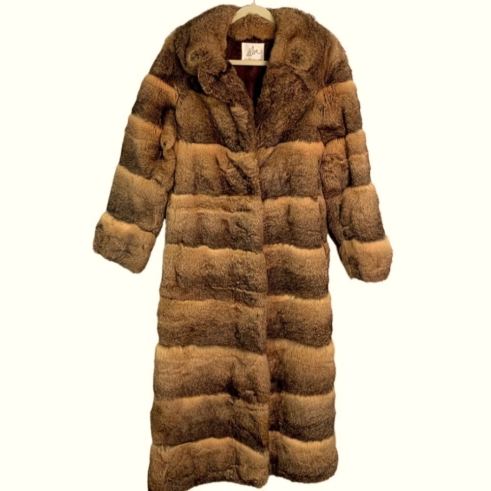 Vintage Elan 100% French Rabbit Fur Coat Size L Brown Mid Length